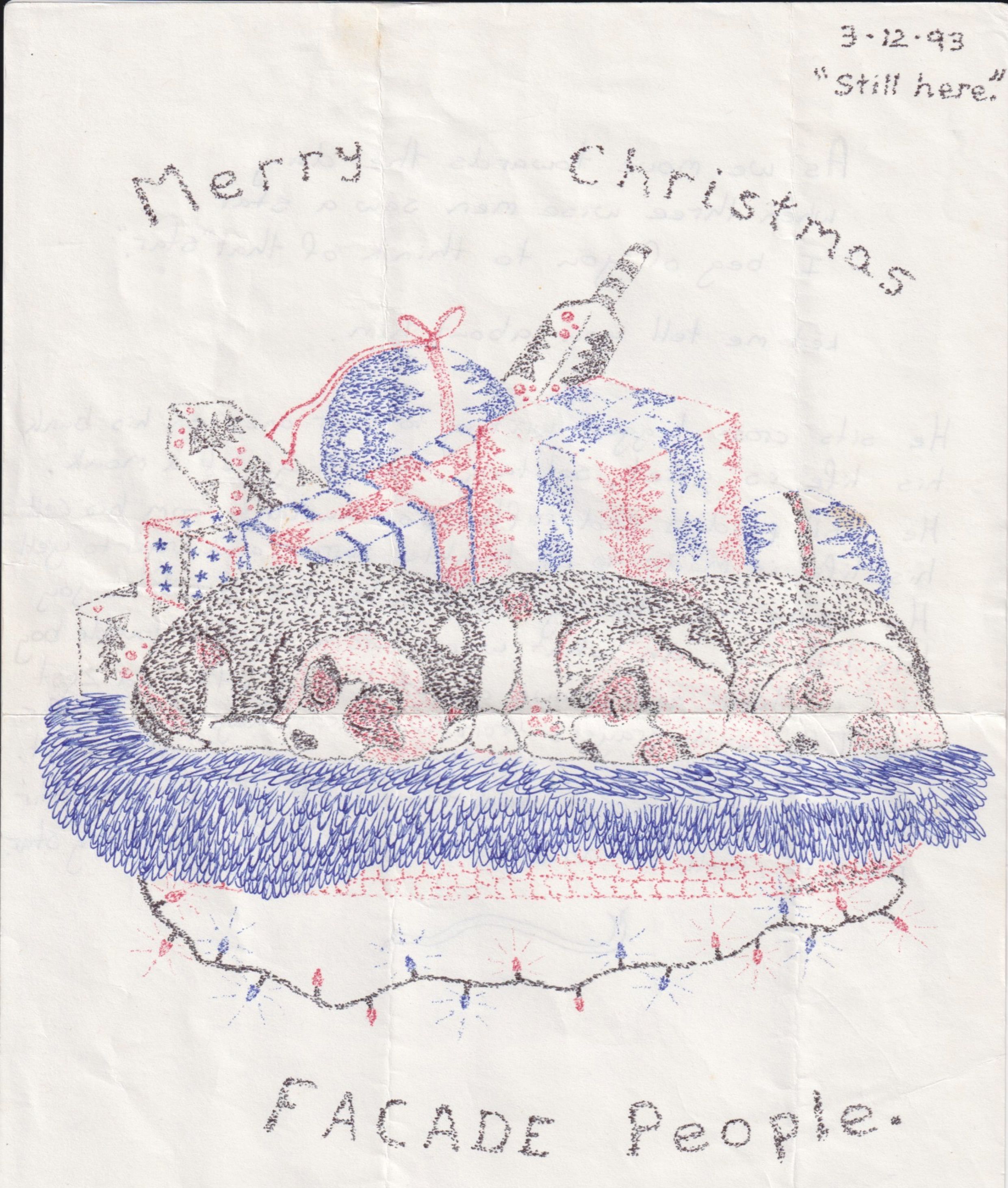 A cartoon of puppies in a basket filled with Christmas presents decorates a letter sent during Peter’s first Christmas in prison.