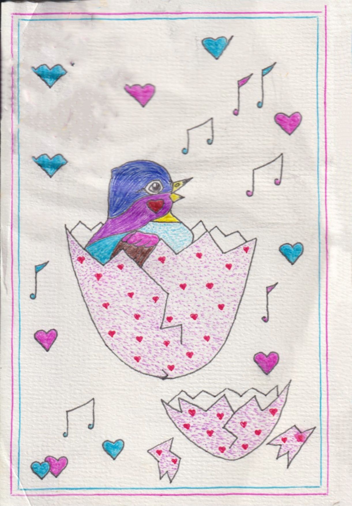 A brightly coloured bird sits in half an egg-shell surrounded by hearts and musical notes.