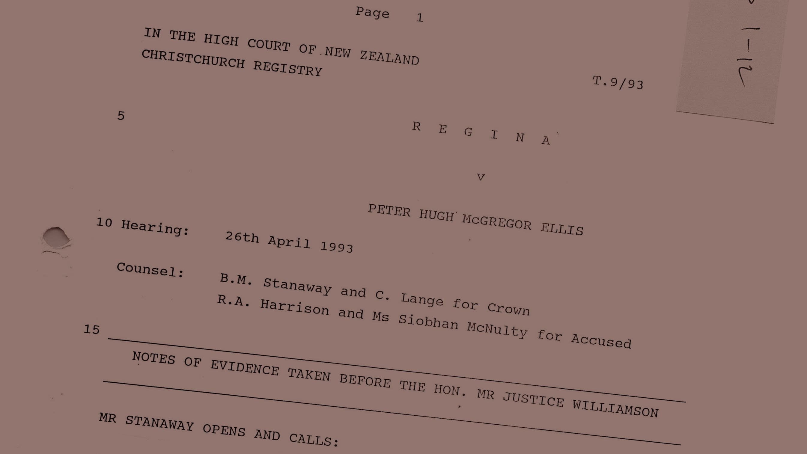 Document for the start of the High Court trial of Peter Ellis.