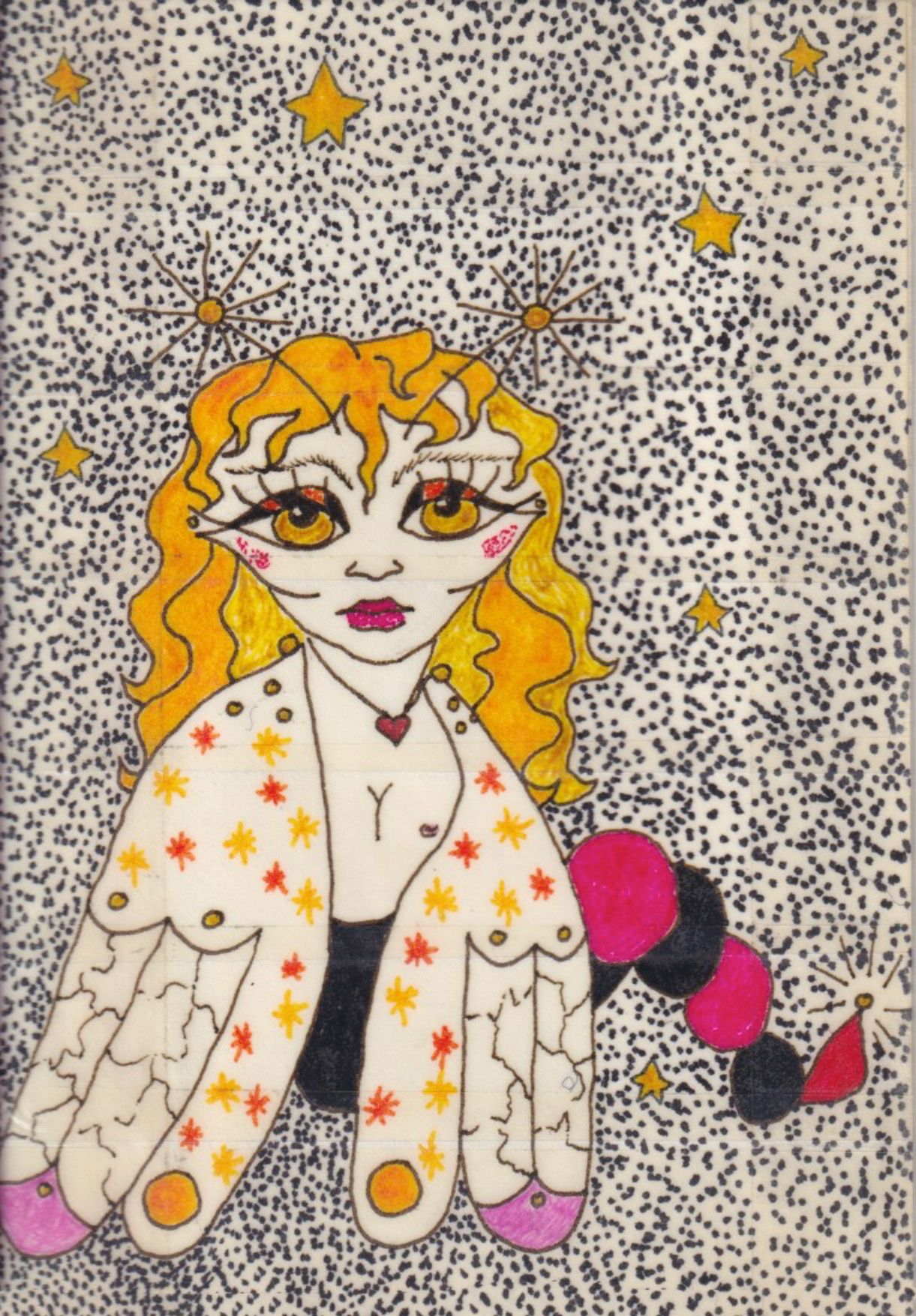 A cartoon woman with wings and a caterpillar tail in front of a detailed night sky