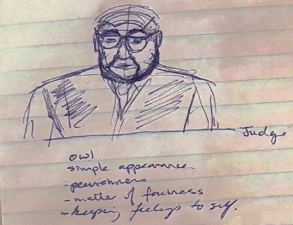 A sketch of the judge drawn during the High Court trial of Peter Ellis.