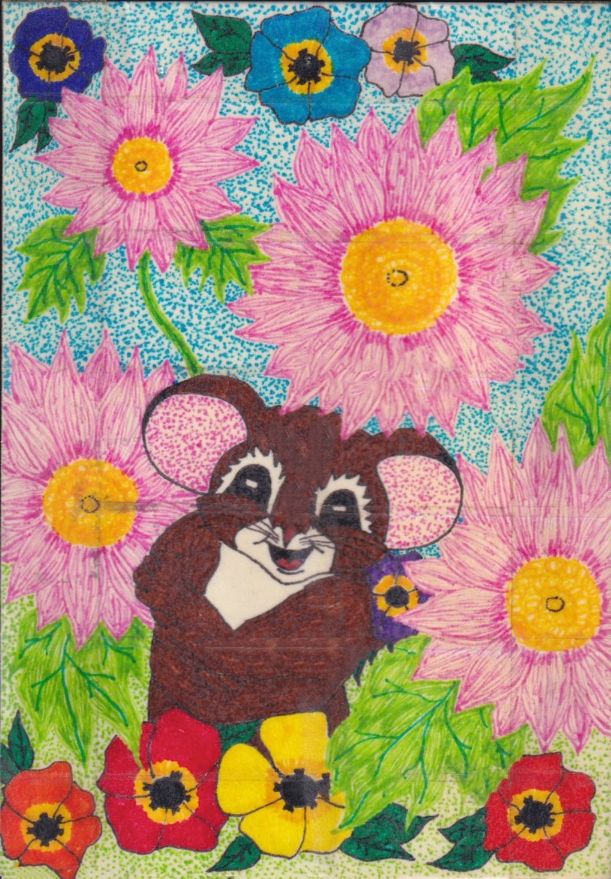Bright flowers surround a cartoon brown mouse