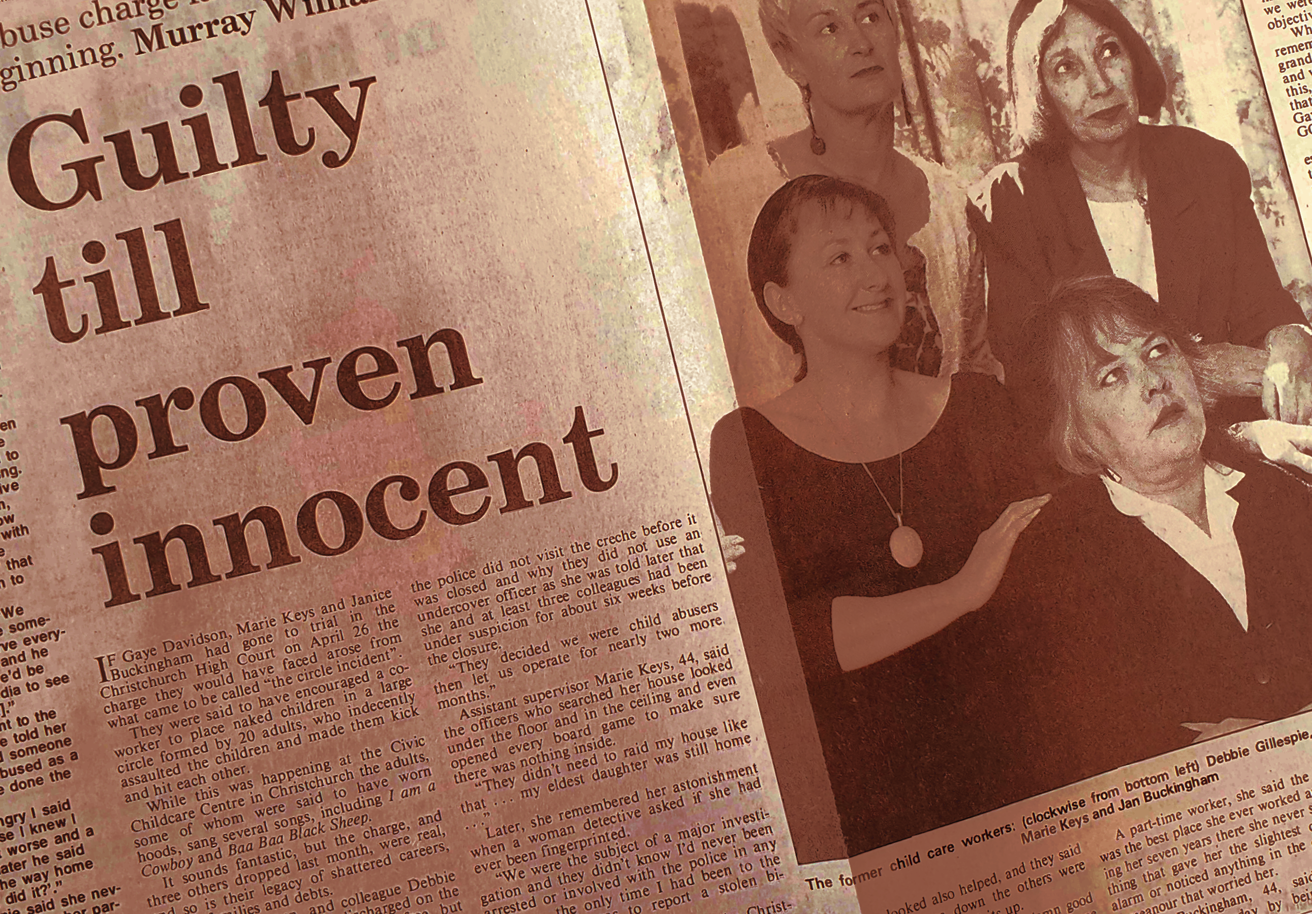 Newspaper article and image of the four female creche workers accused of abusing children at the Christchurch Civic Creche